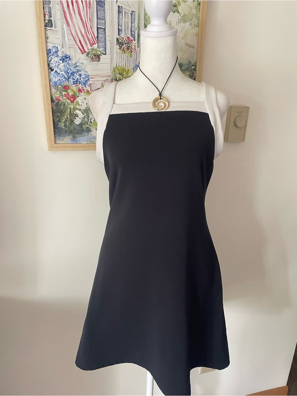 Maurices Vintage 90s Mod Mini Dress Black White Square Neck Size Medium